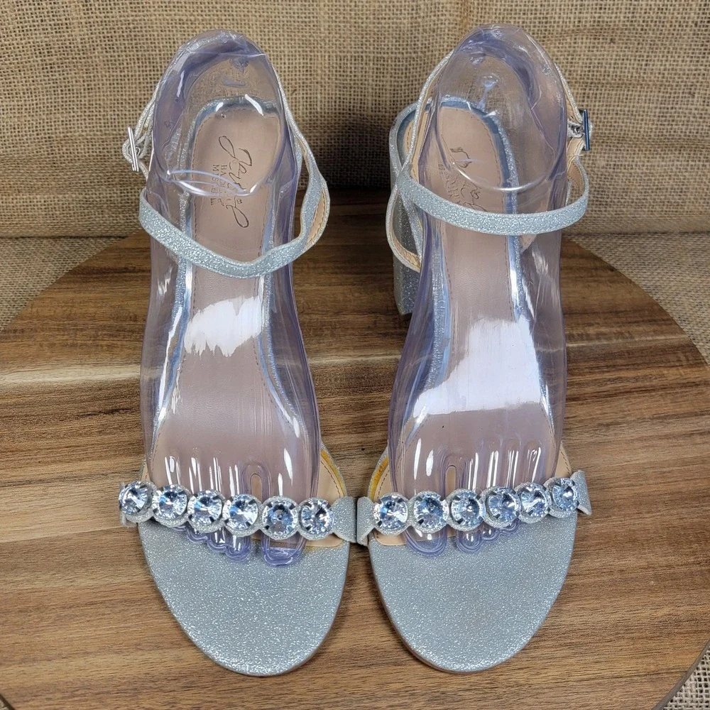 Jewel Badgley Mischka Heels Rhinestone Glitter Silver Glam Sandals‎ Women's 11
